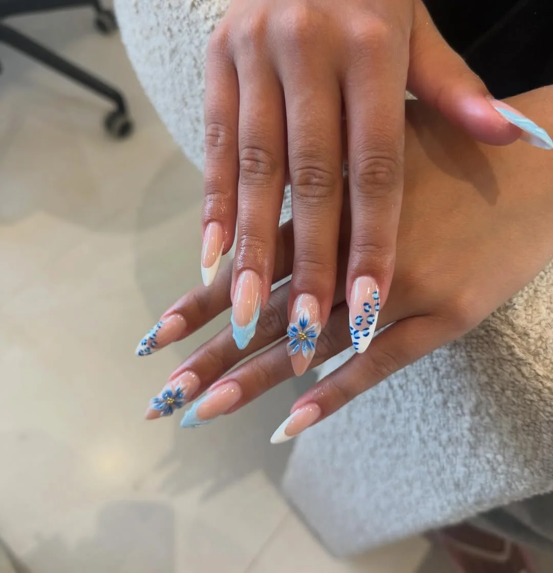 summer nail inspo 2026 Blue Floral French Tips With Soft Coastal Energy