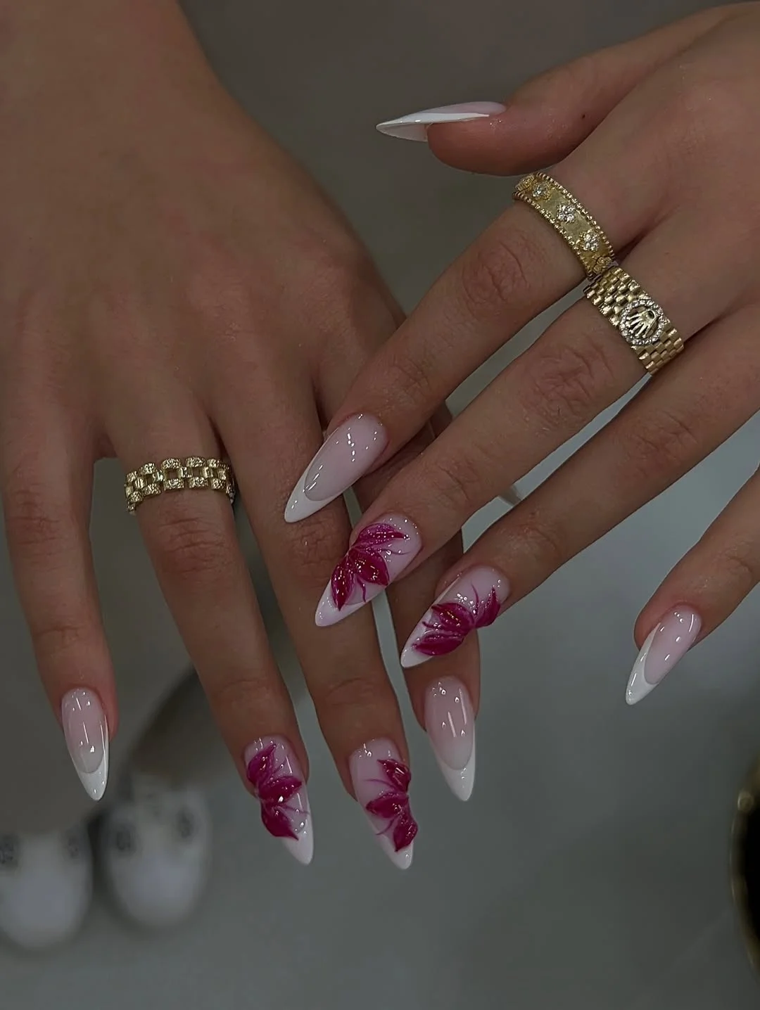 summer nail inspo 2026 White French Tips With Bold Pink Tropical Details