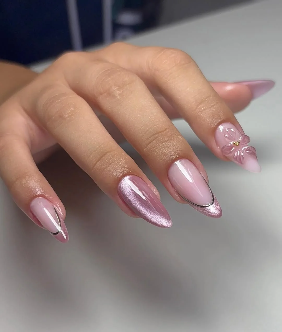 summer nail inspo 2026 Glossy Pink Chrome Nails With Delicate Floral Art