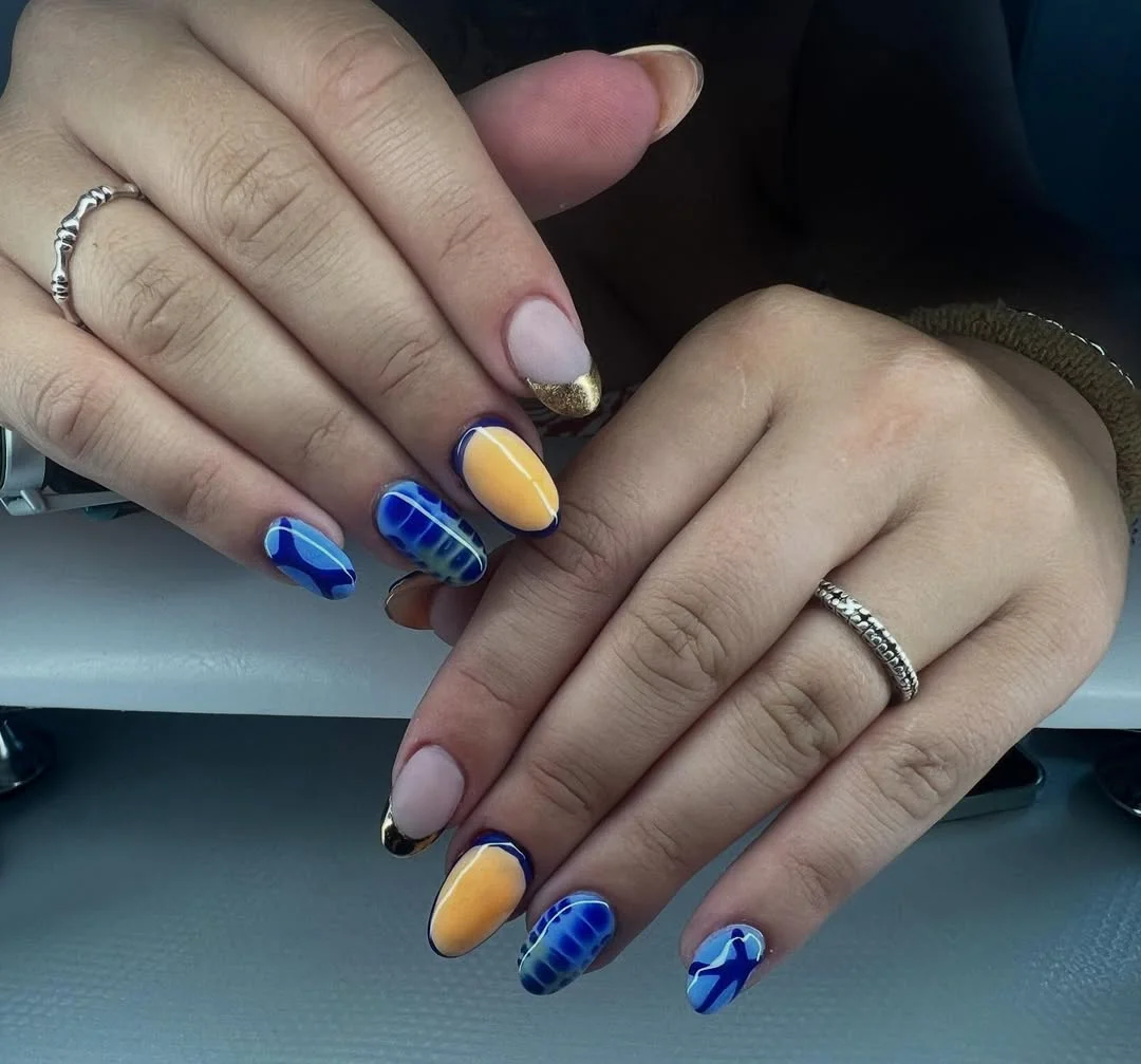 Summer nails for every day 2026 Blue and Gold Modern Mosaic