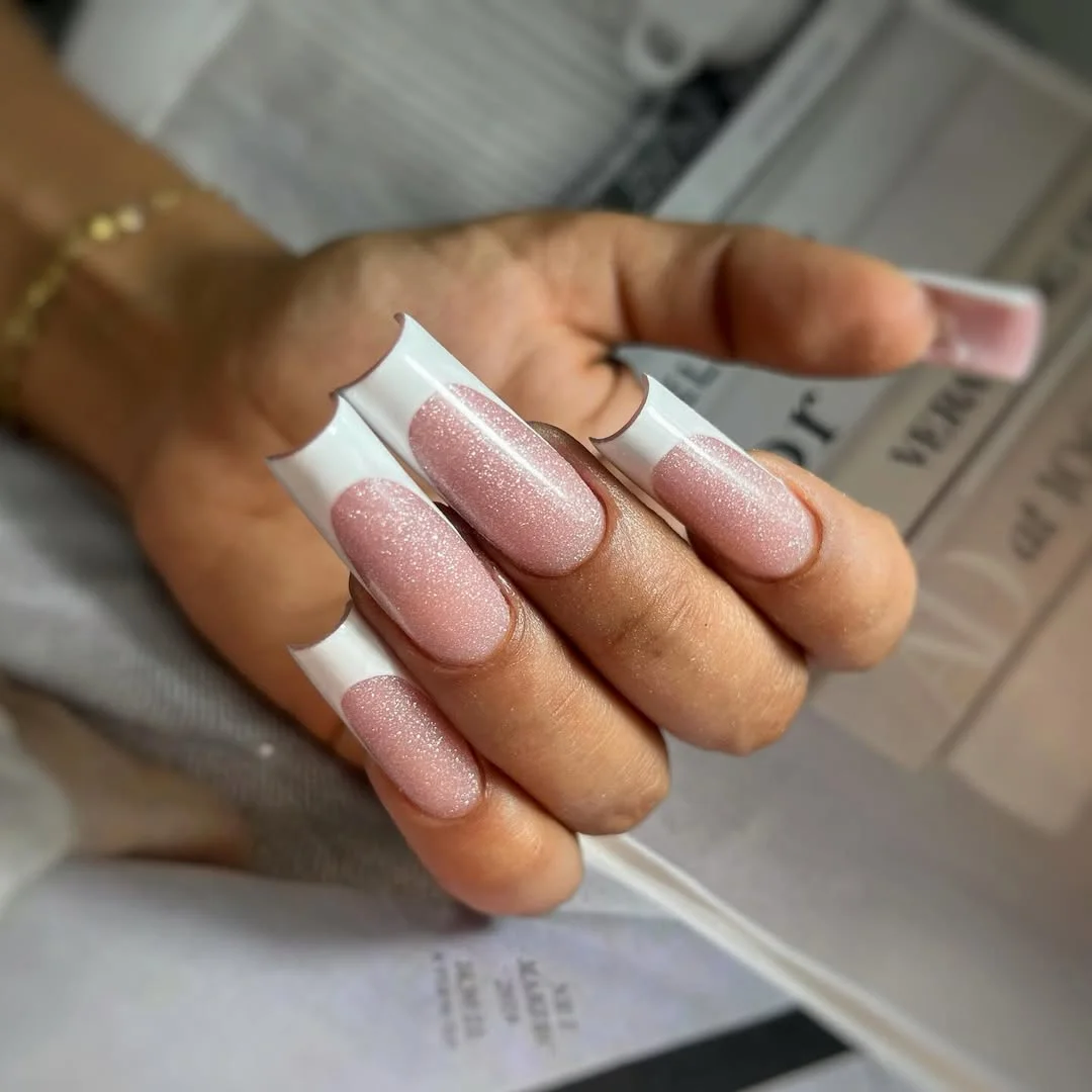 summer nails square 2026 Glittery Pink Square Nails With Bold White French Curves