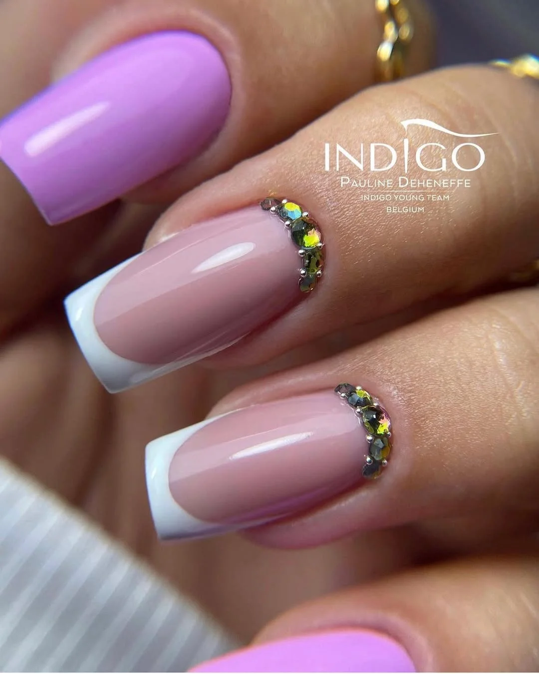 summer nails square 2026 Glossy Pink French Tips With Crystal Cuticle Details