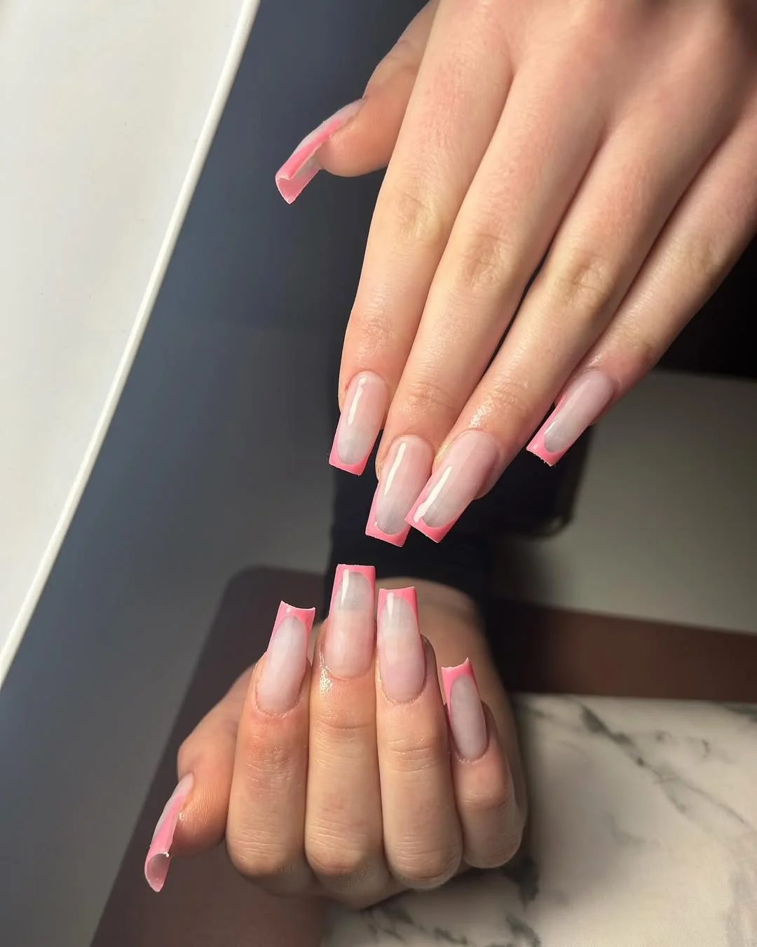 summer nails square 2026 Glossy Pink Outline French Tips With Modern Barbie Energy