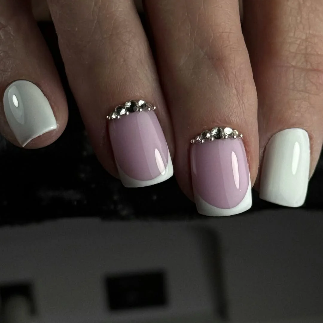 summer nails square 2026 Soft Lilac French Nails With Crystal Crown Details