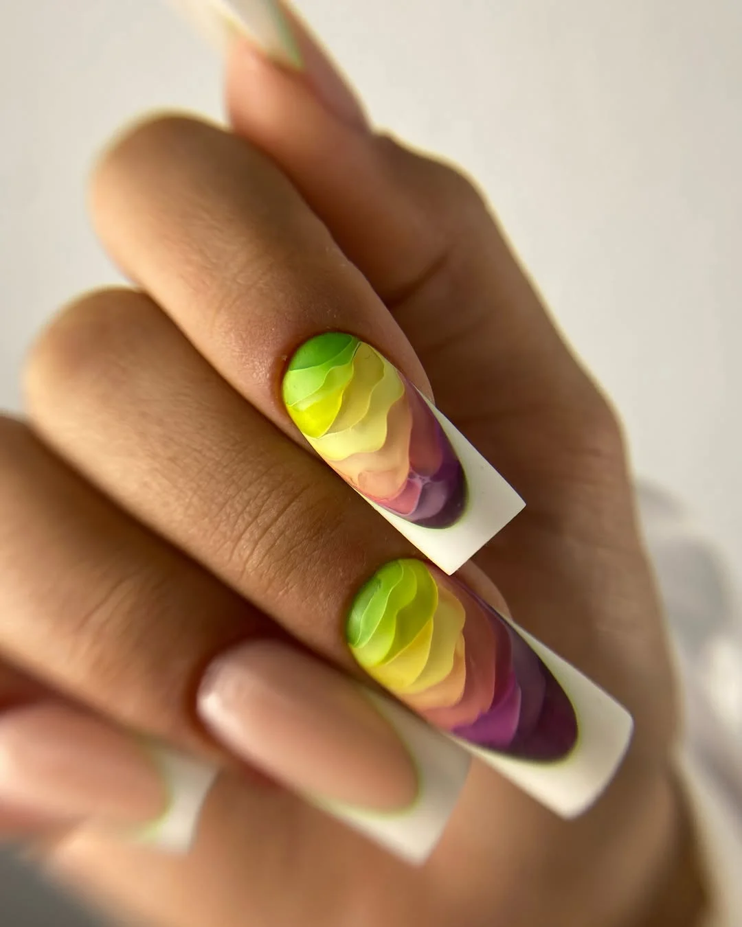 summer nails square 2026 Rainbow Layered Art Nails With Bold 3D Texture