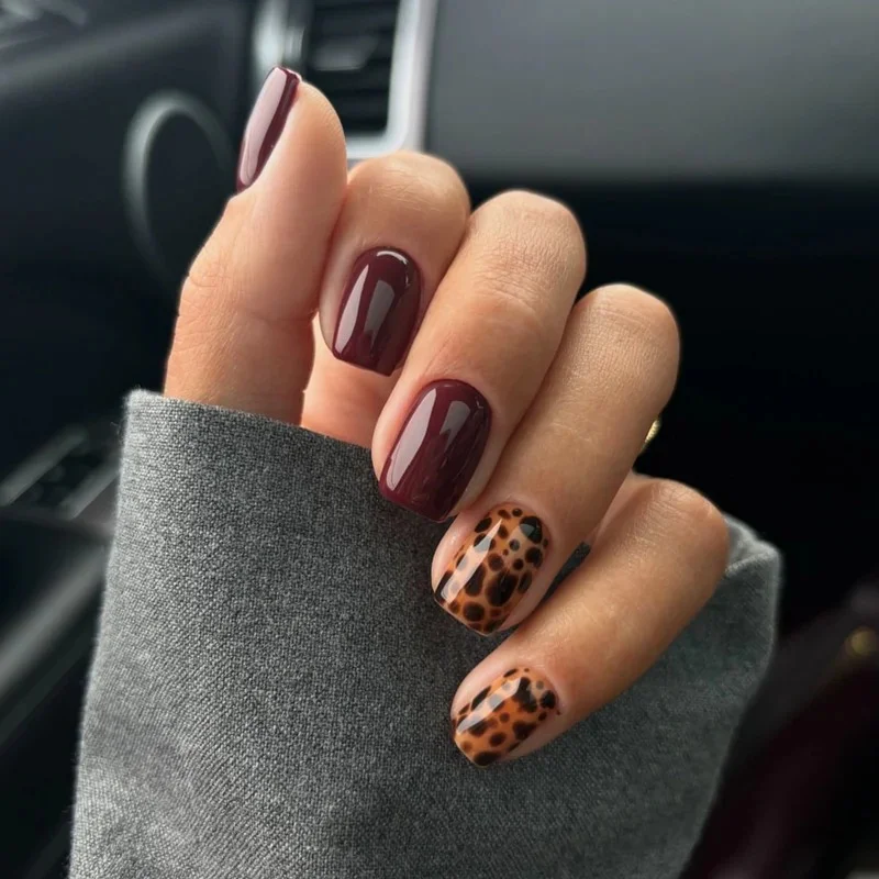 summer nails square 2026 Glossy Cherry And Leopard Print Nails With Rich Summer Drama