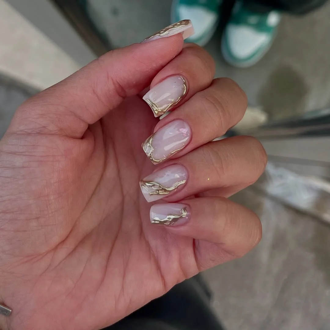 summer nails square 2026 Milky Marble Nails With Liquid Gold Accents
