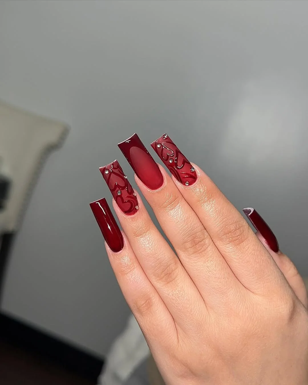 summer nails square 2026 Deep Cherry Swirl Nails With Modern Y2K Energy