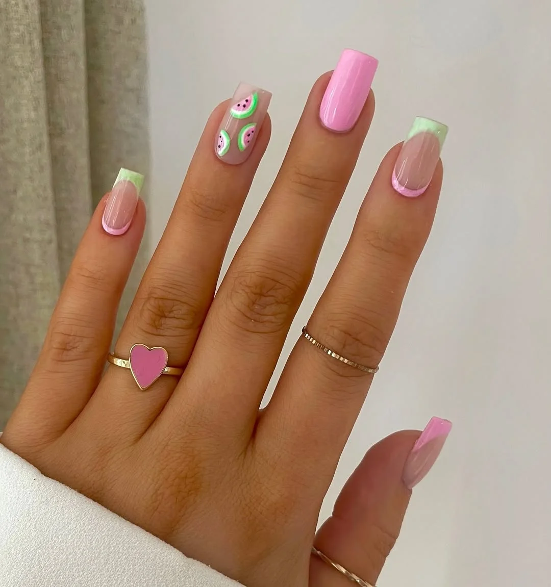 summer nails watermelon 2026 Pastel Watermelon French Tips With a Soft Summer Twist