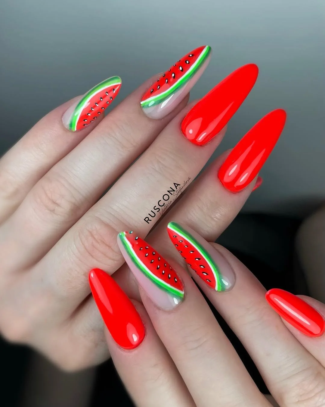 summer nails watermelon 2026 Classic Watermelon Slice Art on Long Almond Nails