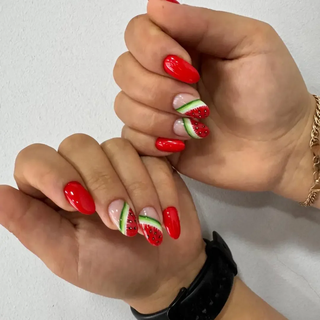 summer nails watermelon 2026 Classic Watermelon Accent Nails With Juicy Red Gloss