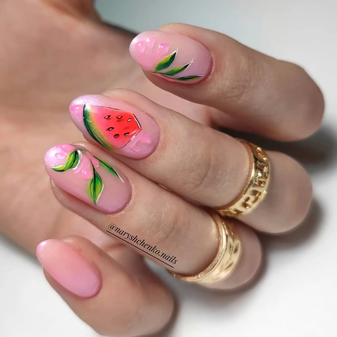 summer nails watermelon 2026 Delicate Watermelon Art With Botanical Details