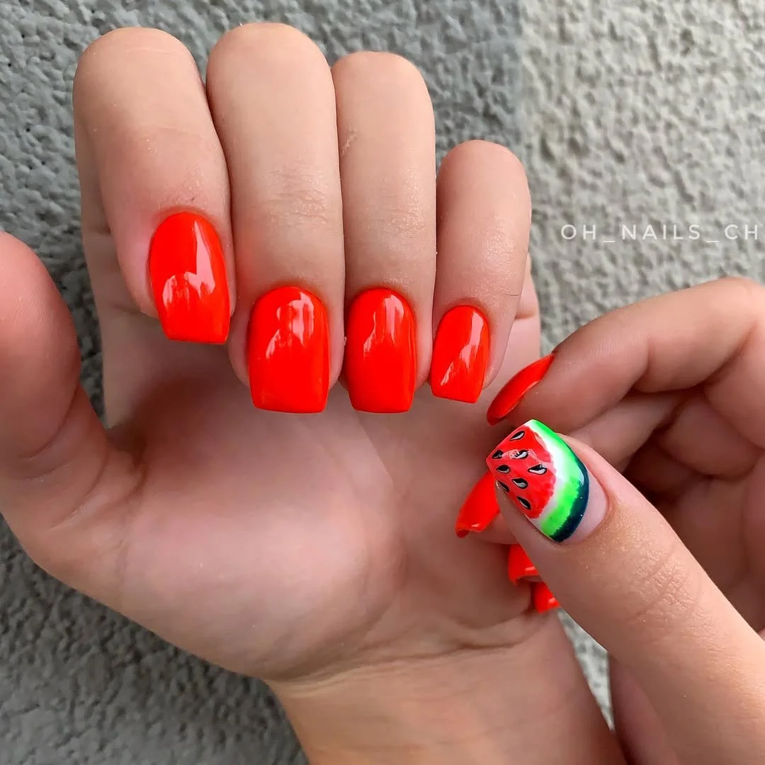 summer nails watermelon 2026 Bold Watermelon Accent on Electric Red Nails