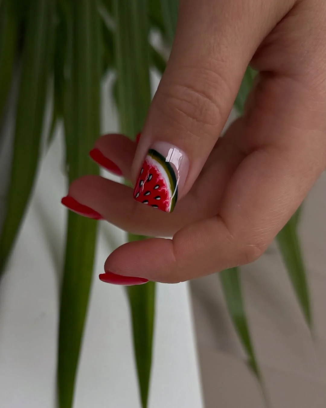 summer nails watermelon 2026 Watermelon Slice Feature Nail With Chic Red Manicure