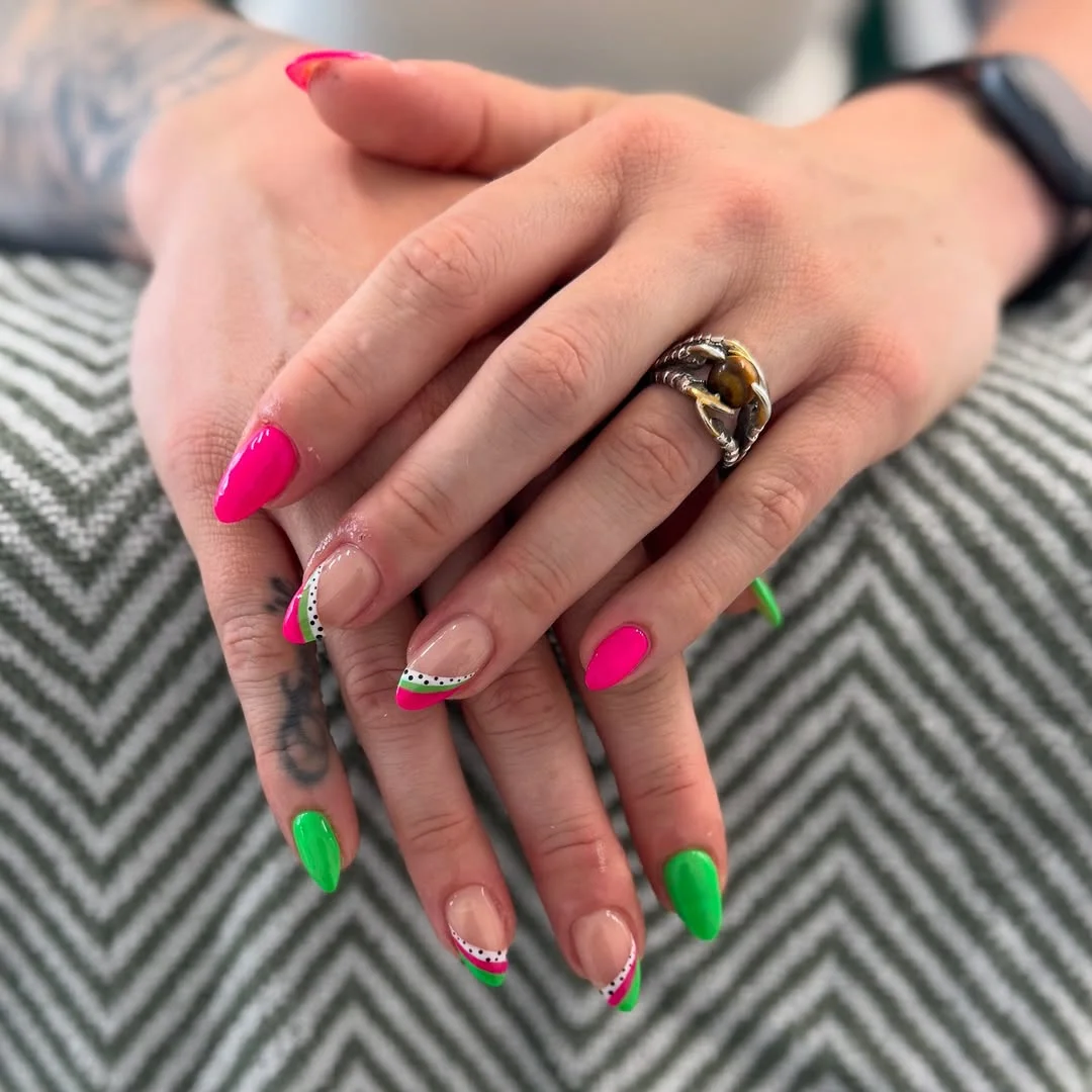 summer nails watermelon 2026 Color-Blocked Watermelon French With Modern Edge