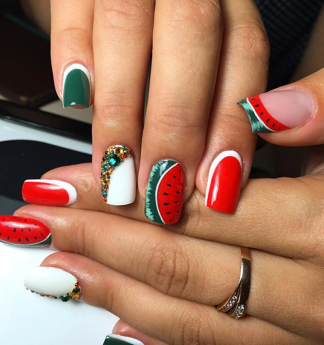 summer nails watermelon 2026 Watermelon Jewel Nails for Maximum Summer Glamour