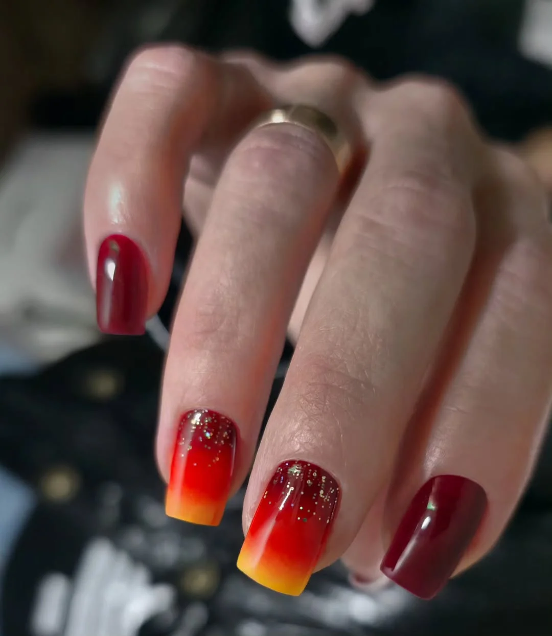 summer ombre nails 2026 Sunset Flame Ombre with Golden Sparkle Accents