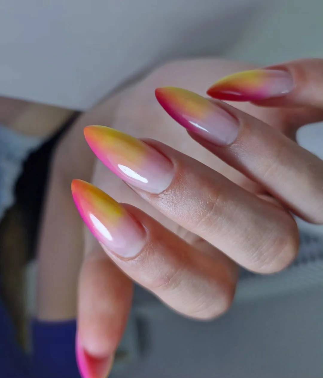 summer ombre nails 2026 Neon Pink and Yellow Ombre for Tropical Barbie Energy