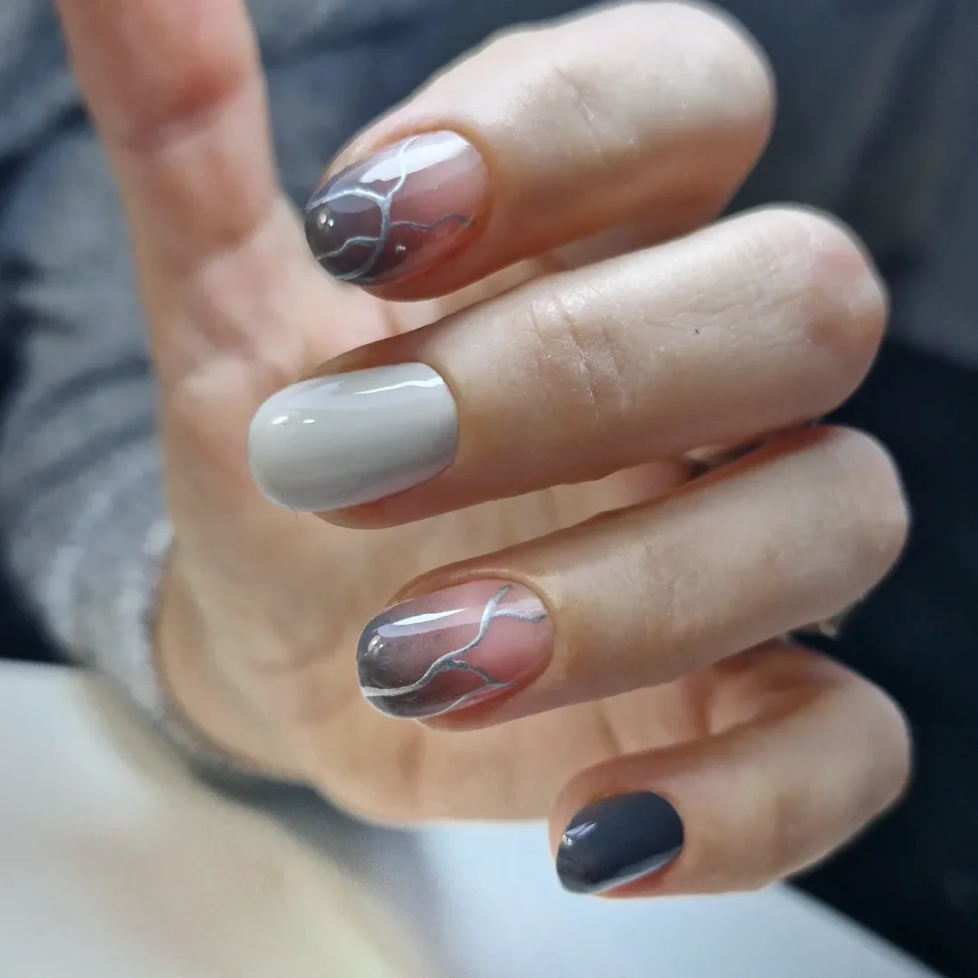 summer ombre nails 2026 Smoky Charcoal Ombre with Abstract Silver Lines