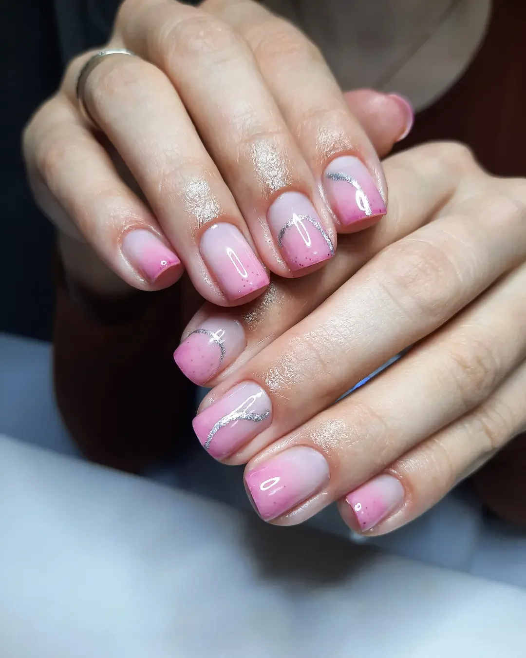 summer ombre nails 2026 Soft Pink Ombre with Delicate Silver Waves
