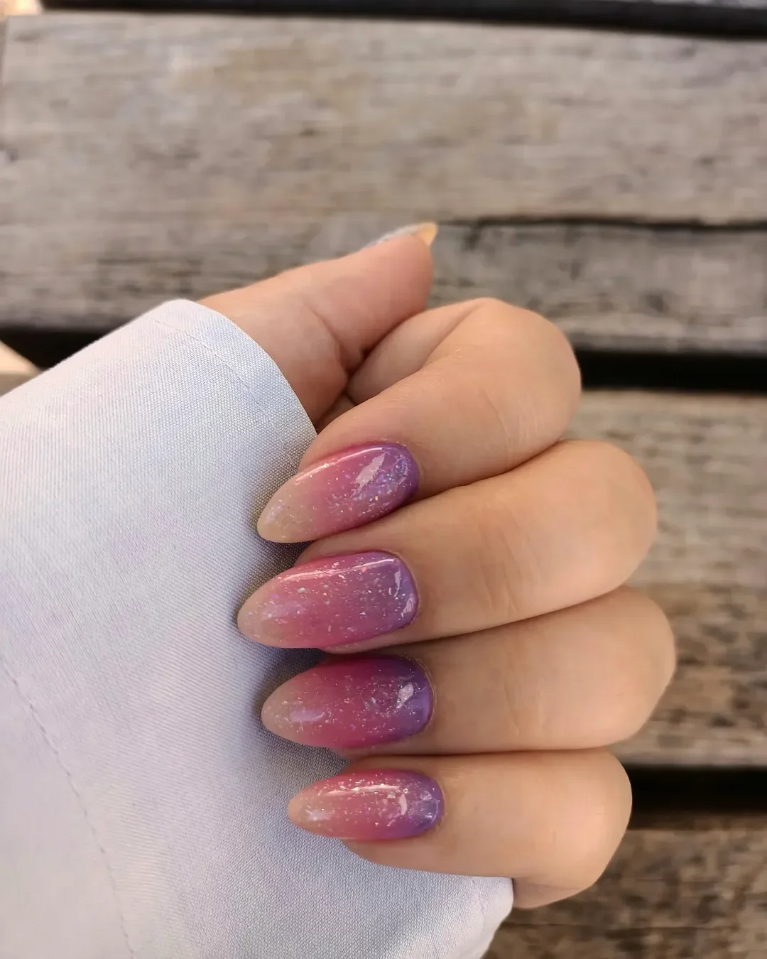 summer ombre nails 2026 Galaxy Pink and Violet Ombre with Sparkling Finish