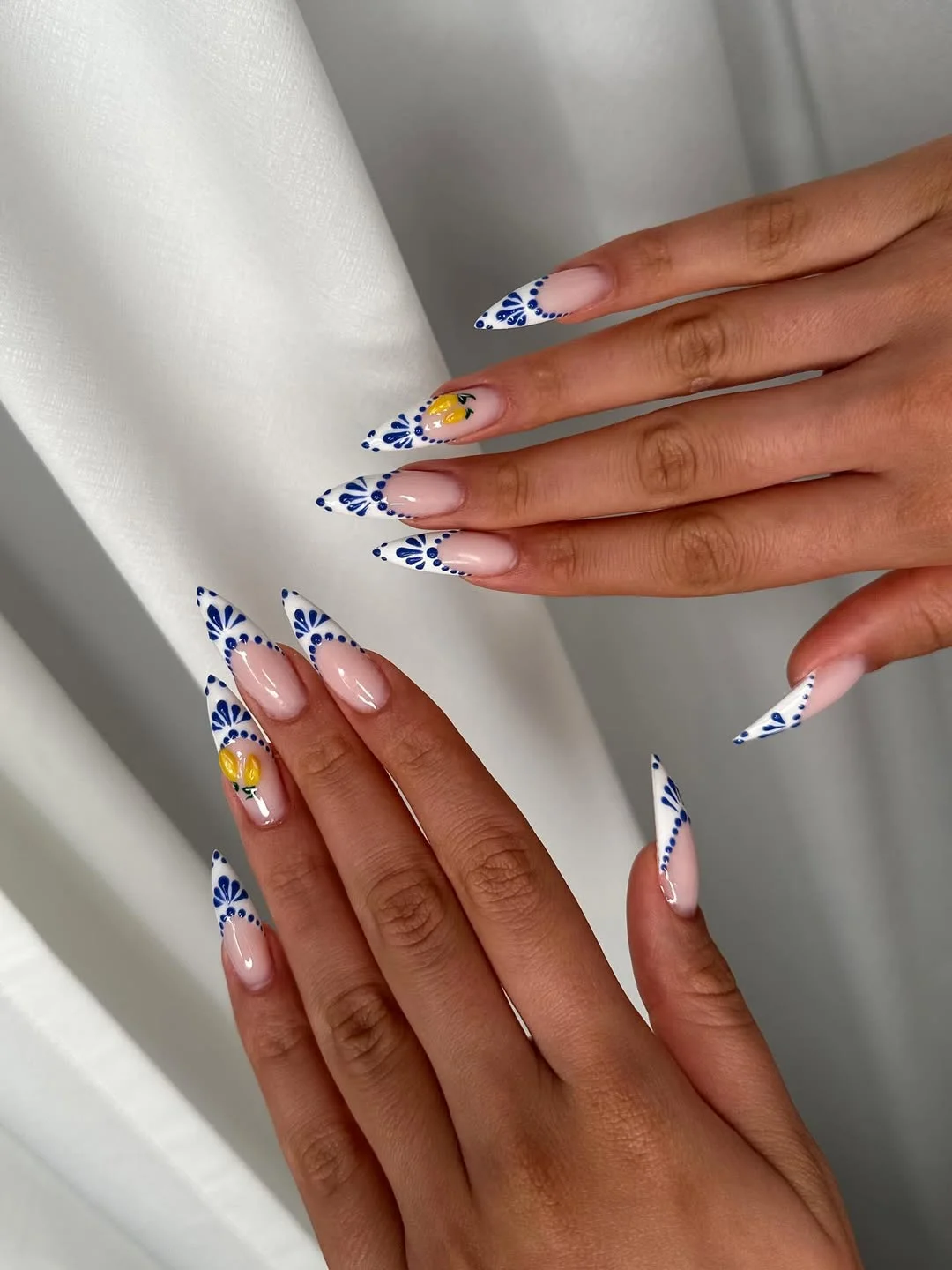 summer vacation nails 2026 Blue Mediterranean Tips With Lemon Details