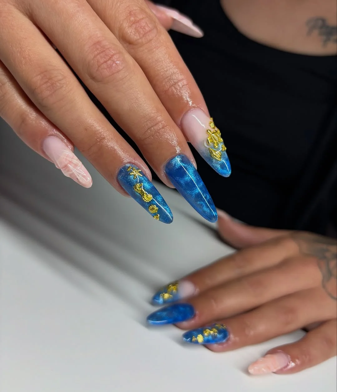 summer vacation nails 2026 Deep Blue Mermaid Nails With Gold Ocean Charms