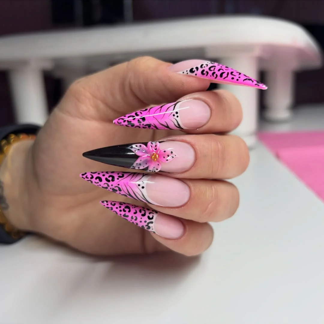 summer vacation nails 2026 Hot Pink Wildcat Stiletto Nails With Tropical Flower Art