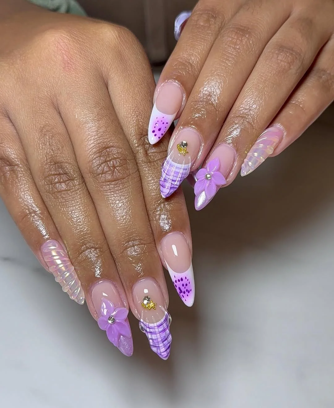 summer vacation nails 2026 Soft Lavender Plaid Nails With Dreamy Mermaid Texture
