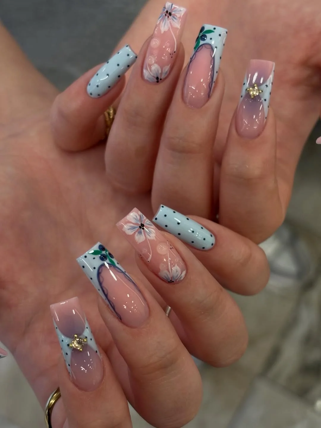 summer vacation nails 2026 Powder Blue Floral Square Nails With Vintage Charm