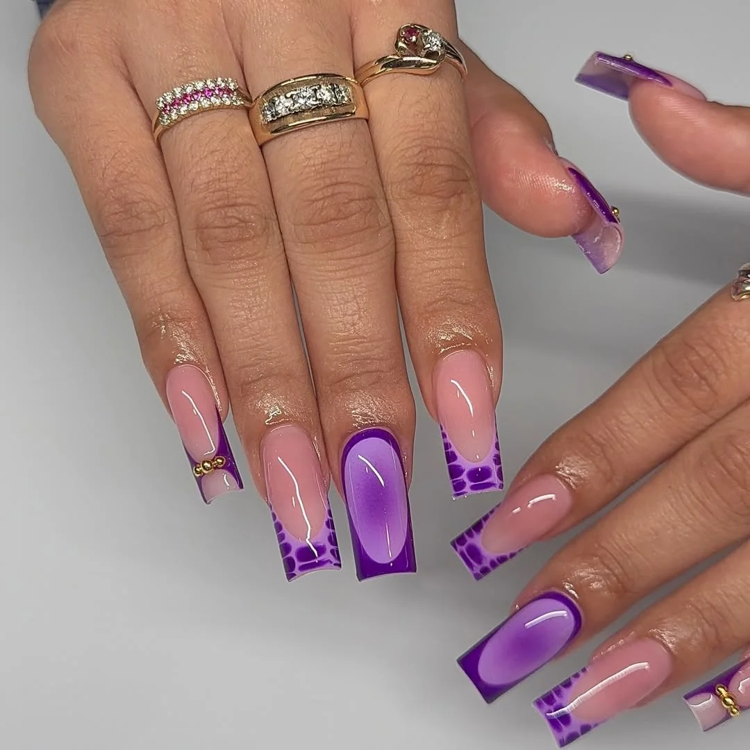 summer vacation nails 2026 Glossy Violet Square Nails With Abstract Poolside Swirls