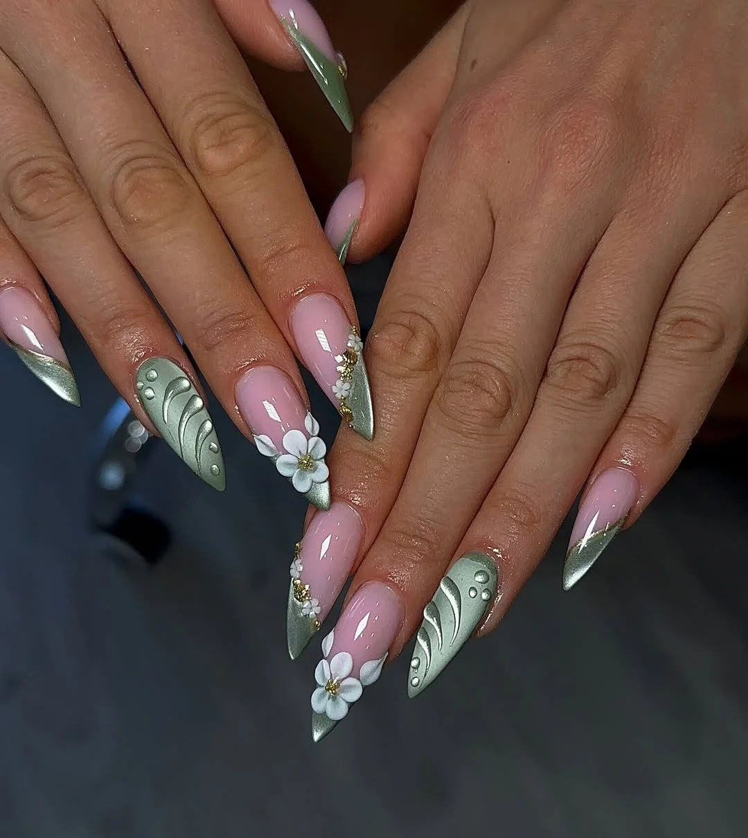 summer vacation nails 2026 Metallic Sage Floral Nails With Soft Botanical Details