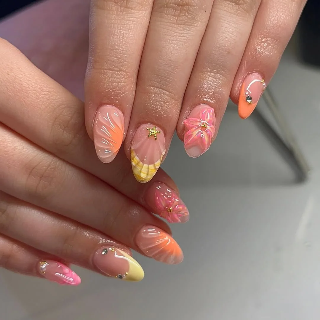 summer vacation nails 2026 Sunset Tropical Nails With Seashell Accents