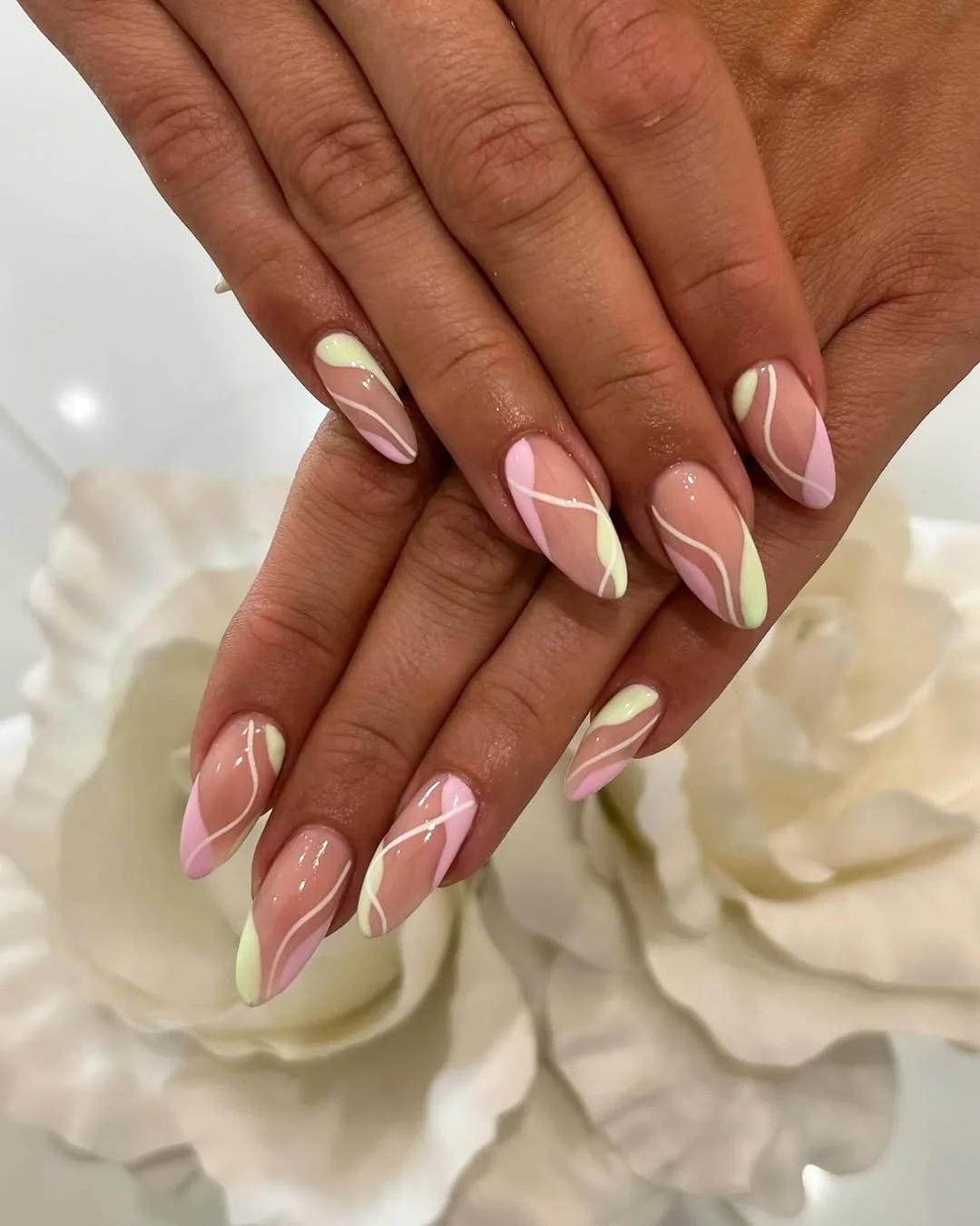 summer vibrant nails summer 2026 Pastel Swirl Almond Nails With Soft Summer Energy