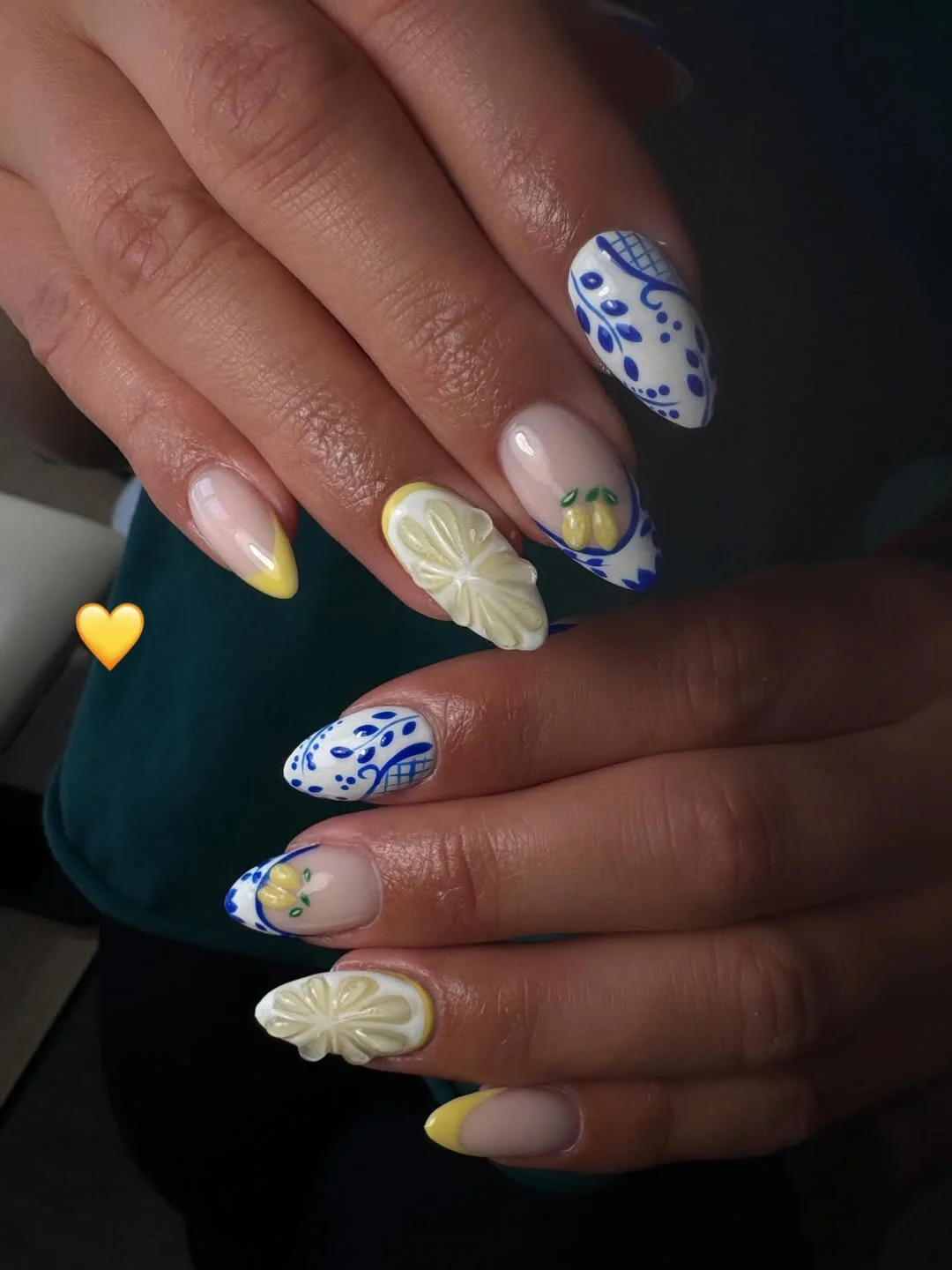 summer vibrant nails summer 2026 Blue And Lemon Mediterranean Inspired Nail Art