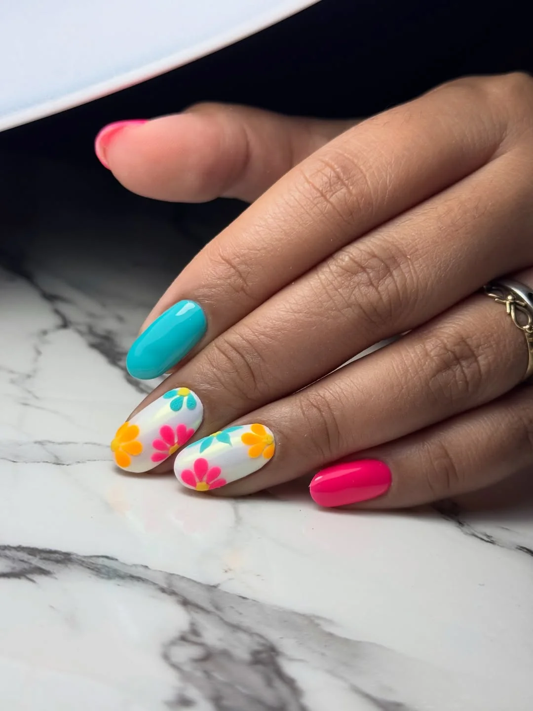 summer vibrant nails summer 2026 Neon Floral Nails With Playful Retro Summer Colors