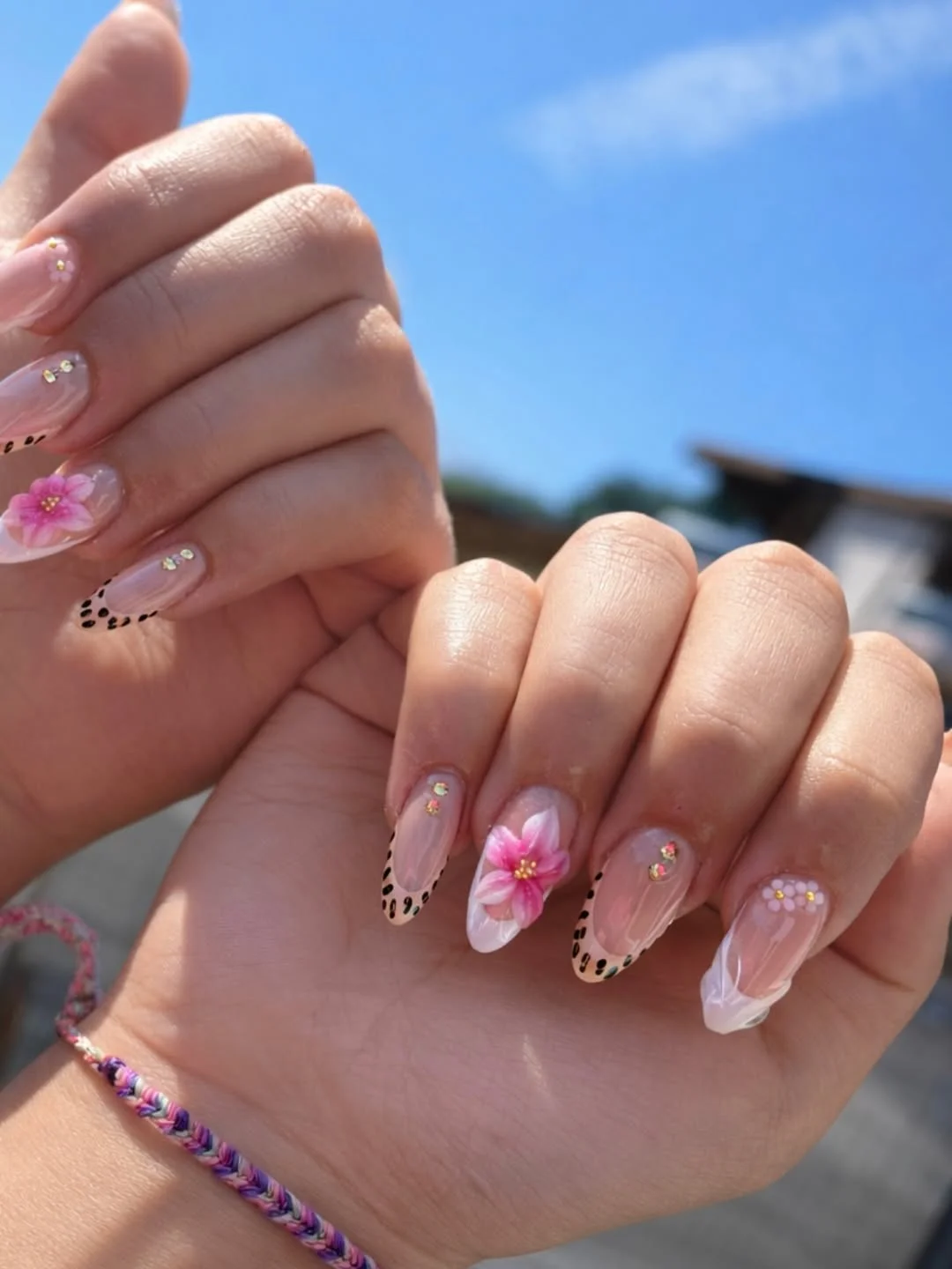 summer vibrant nails summer 2026 Glossy Floral French Nails With Delicate Leopard Details