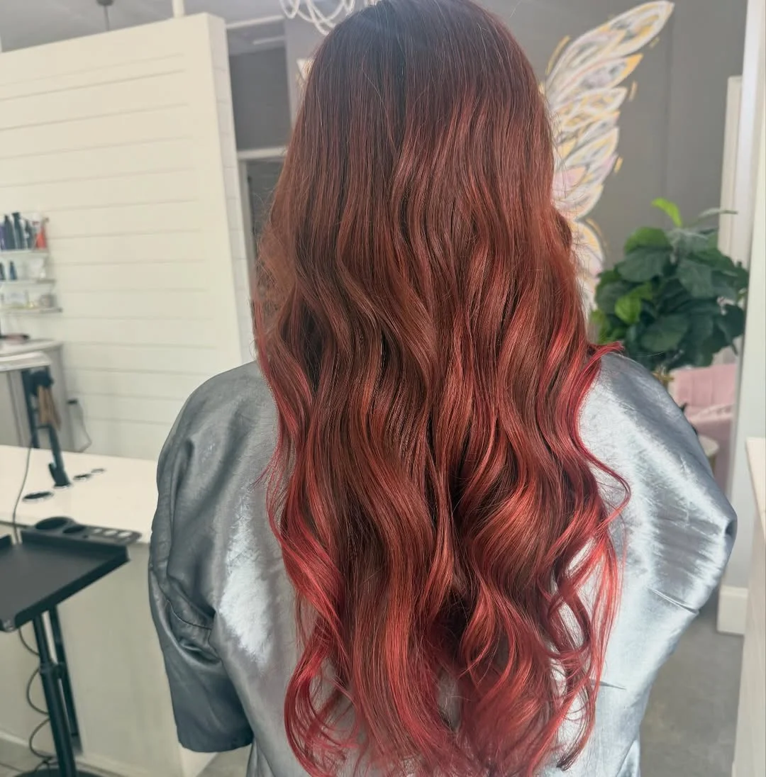 sun-kissed summer auburn hair color 2026 Deep Auburn Melt with Vibrant Red Ends