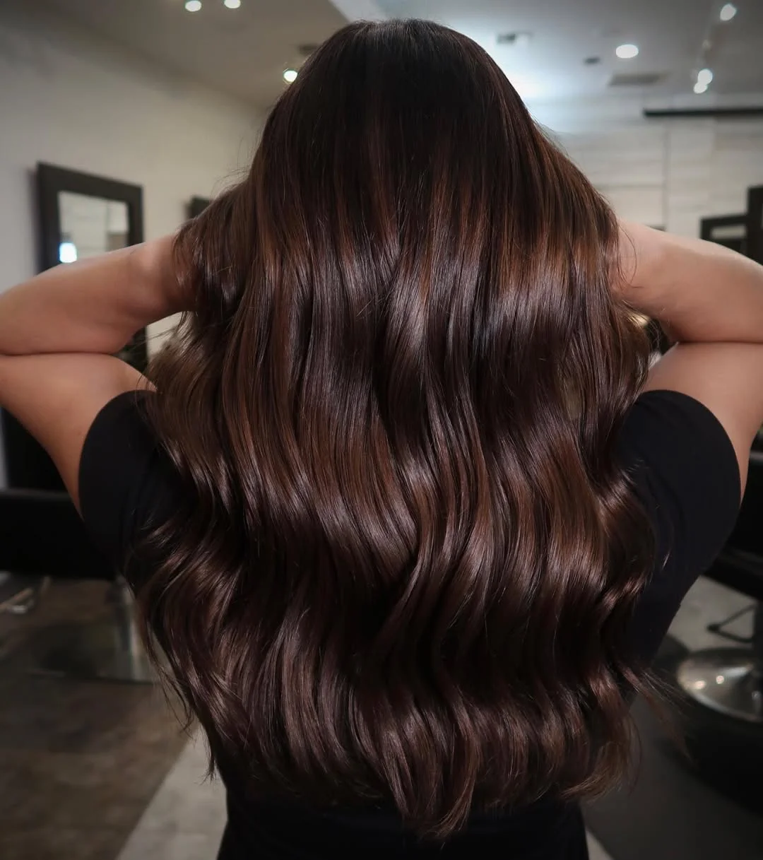 toffee summer brunette hair color 2026 Deep Espresso Toffee Waves with High Gloss Depth