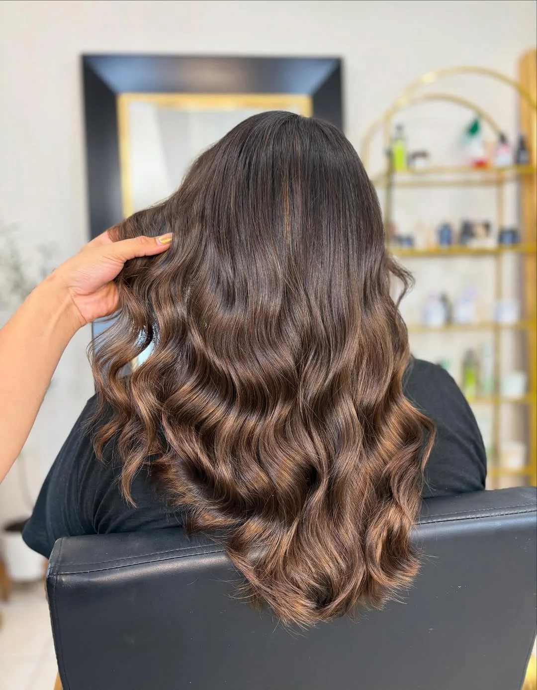 toffee summer brunette hair color 2026 Soft Wavy Toffee Blend with Light Reflecting Dimension