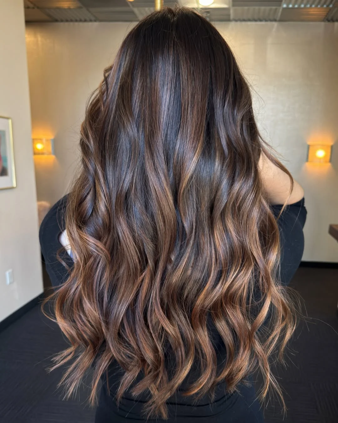 toffee summer brunette hair color 2026 Long Glossy Toffee Ribbons with Seamless Dimension