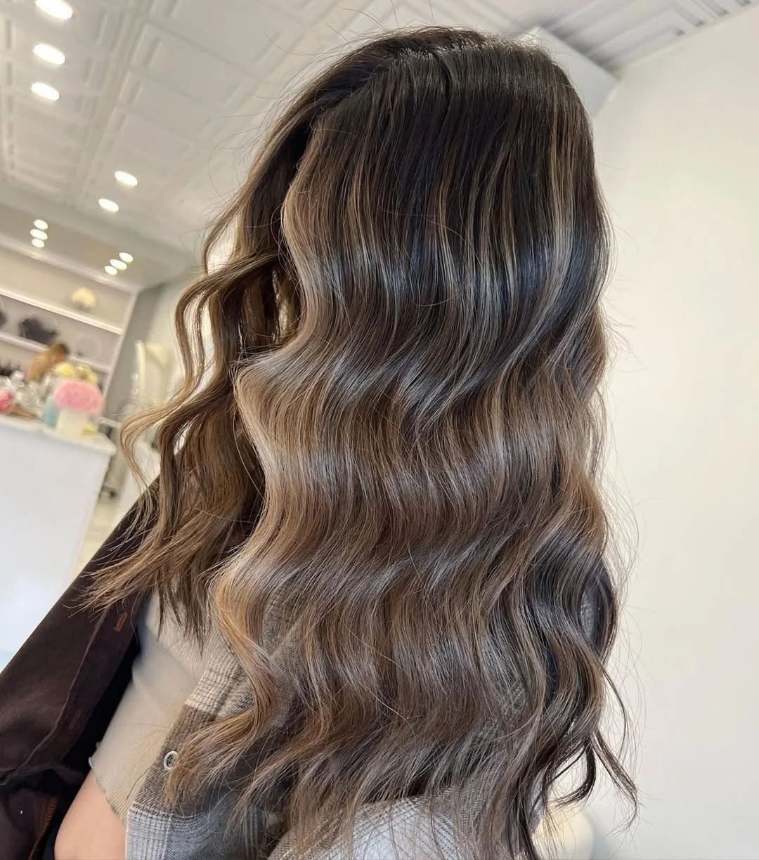 toffee summer hair color for tan skin 2026 Smoky Toffee Waves With Cool Brunette Contrast