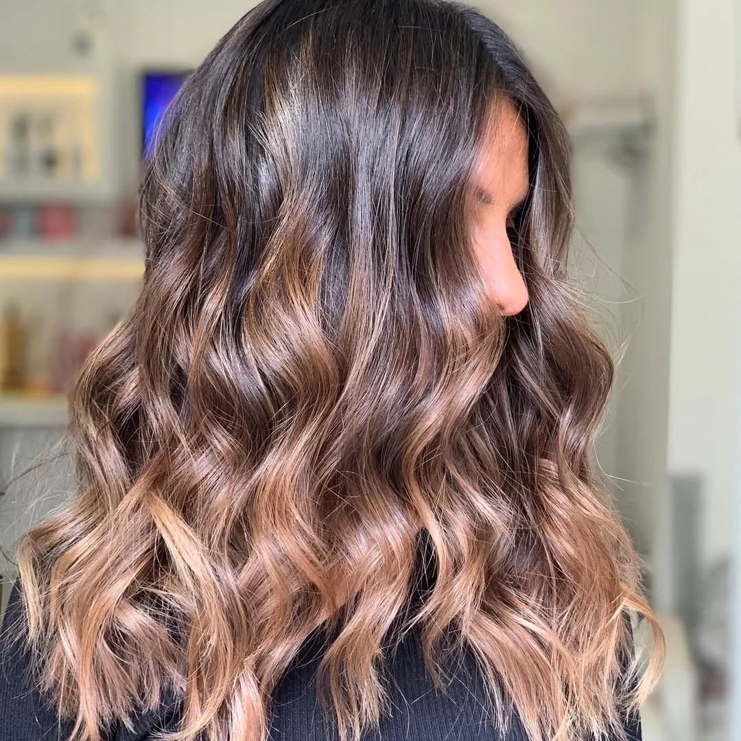 toffee summer hair color for tan skin 2026 Rosewood Toffee Balayage For Soft Dimension