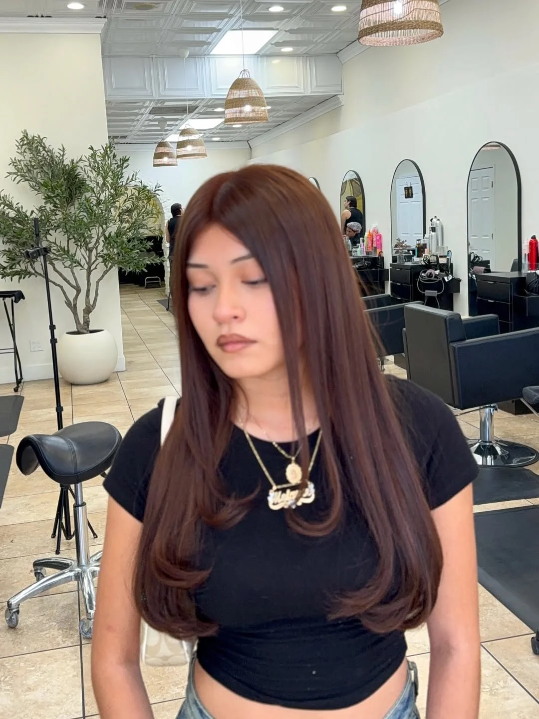 toffee summer honey brown hair color 2026 Deep Cherry-Toffee Brunette With Sleek Summer Shine