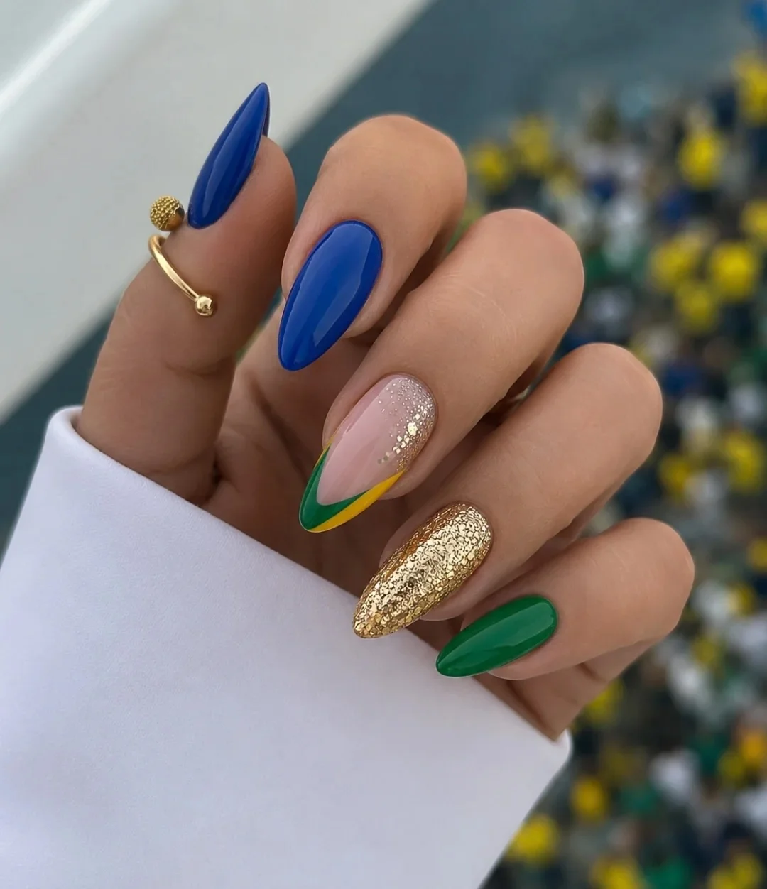 trendy summer nails 2026 Bold Sapphire and Gold Energy for Hot Summer Nights