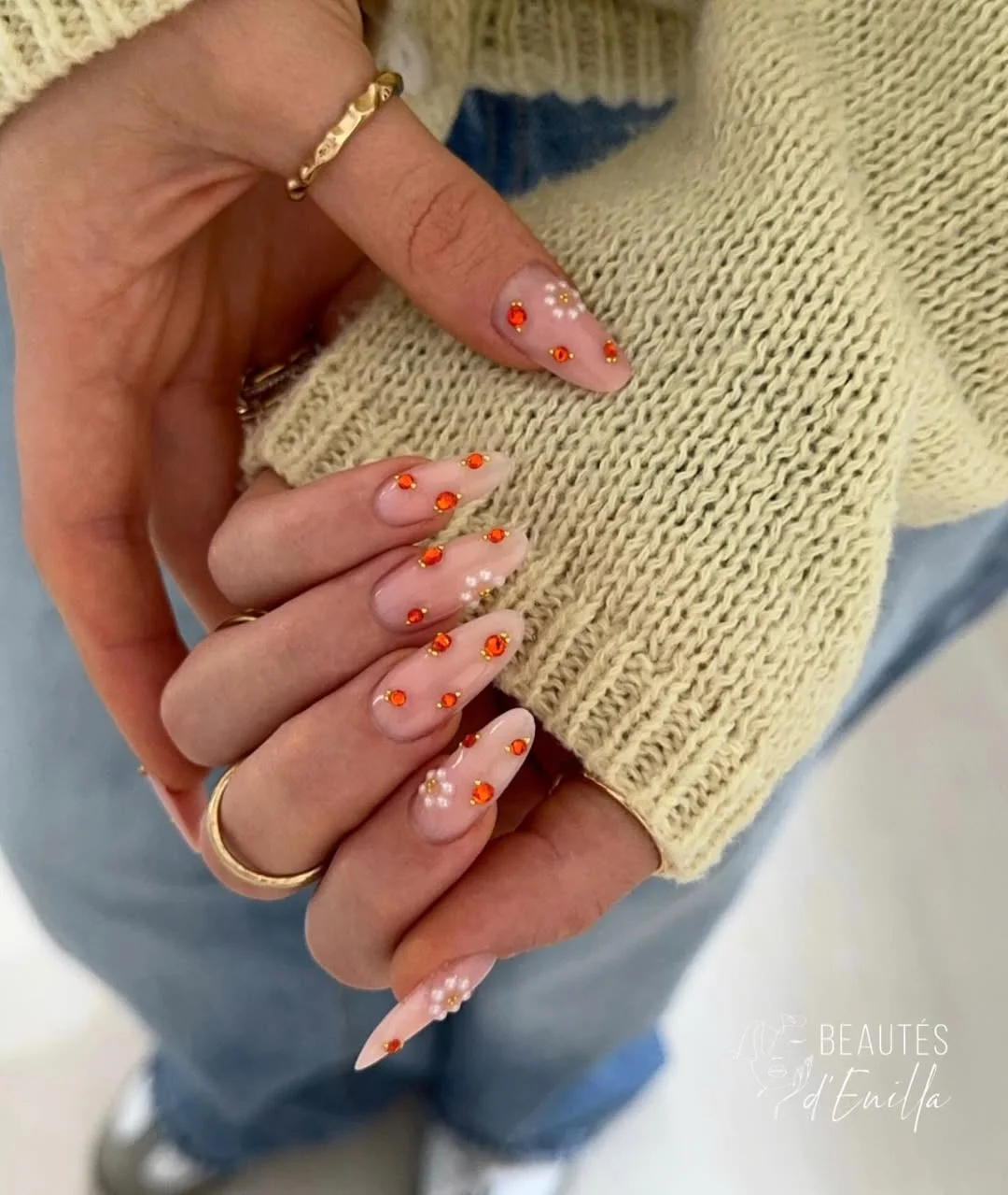 trendy summer nails 2026 Crystal Embellished Nude Nails with Fiery Summer Sparkle