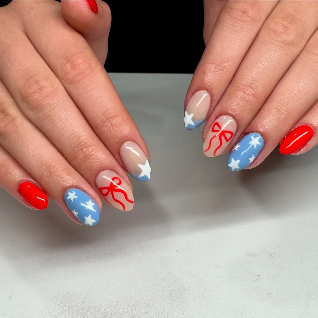 usa nails 2026 Sweet Patriotic Bows With Soft Blue Stars