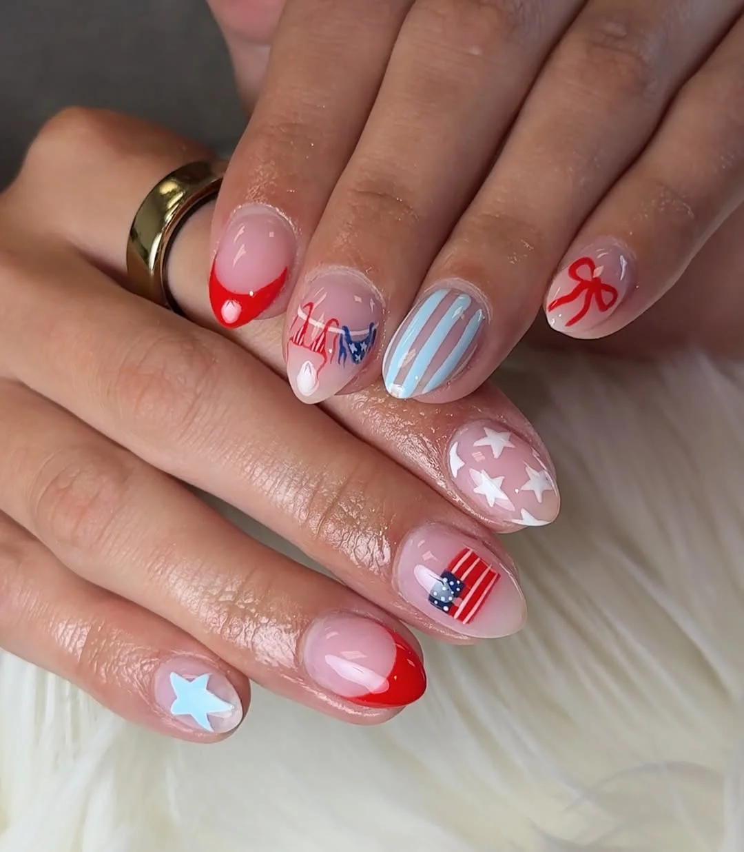 usa nails 2026 Patriotic Bows and Soft Almond Elegance