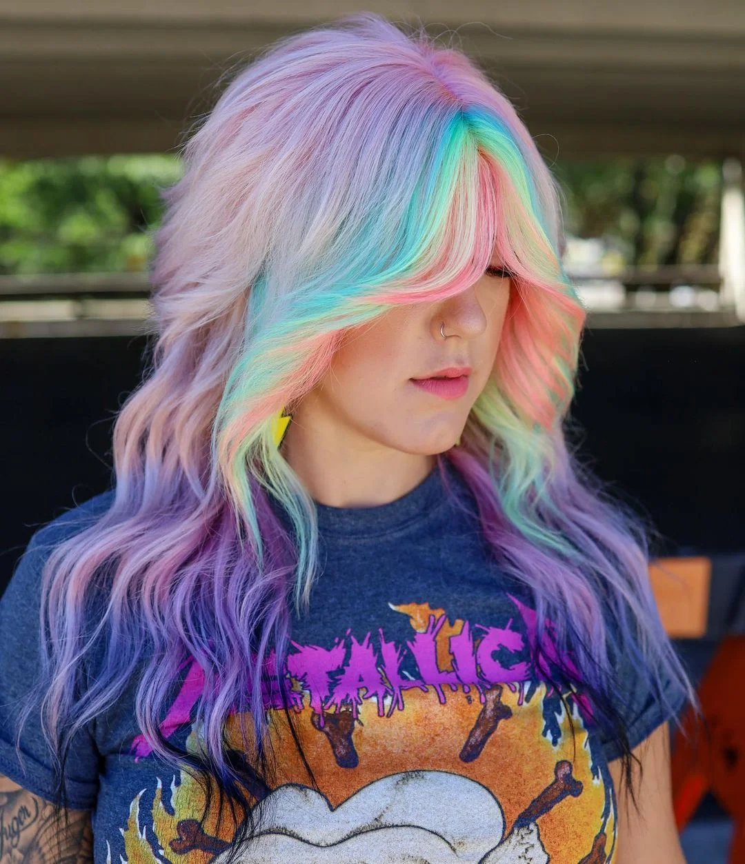 voluminous summer shag hairstyle 2026 Pastel Rainbow Shag with Soft Volume and Statement Bangs